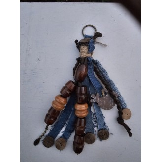 Chunky denim boho style key ring with large size wooden beads 