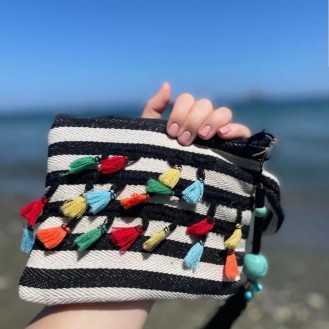 Small striped clutch bag multi colours with boho details