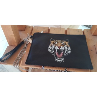 Black artificial leather clutch bag with tiger print