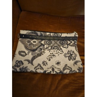 Carpet clutch bag with flower print fabric in grey whites and black