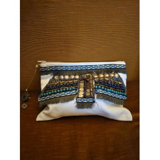 Embellished embroidered sequin clutch in white canvas 